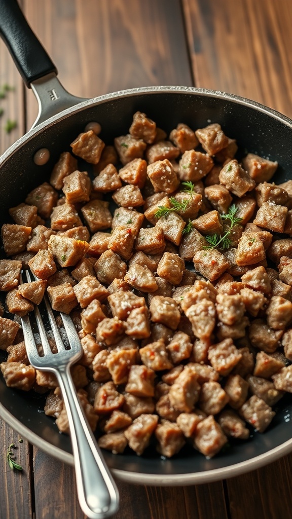 Savory Ground Pork Carnivore Recipe A skillet of browned ground pork seasoned with salt and pepper on a wooden table.